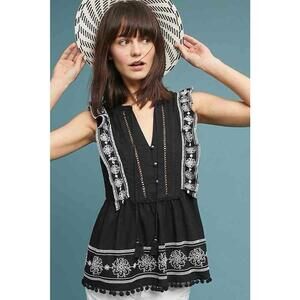 Women’s Anthropologie Akemi + Kin Black Embroidered Boho Bohemian Tank Top Sz 4